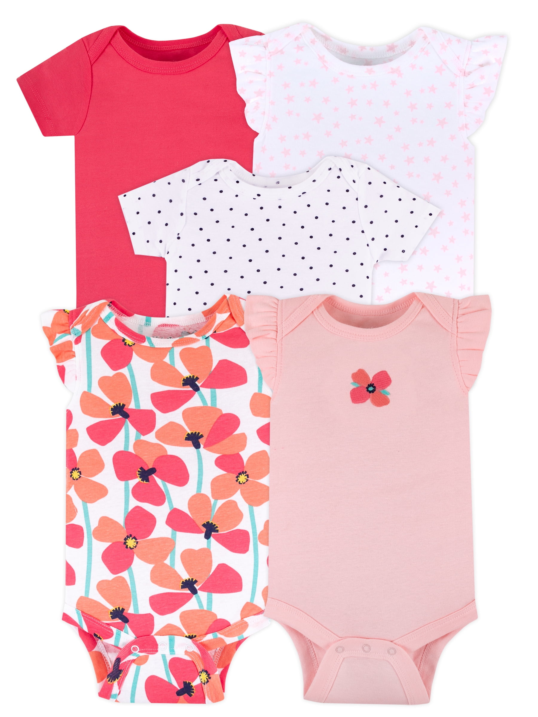 Little Star Organic Baby Girl 5 Pk Sleeveless & Short Sleeve Bodysuits, Size Newborn-24 Months
