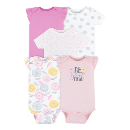 Little Star Organic Baby Girl 5Pk Short Sleeve Bodysuits, Size Newborn-24M