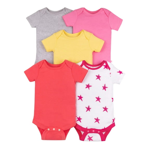 Little Star Organic Baby Girls 5pk Short Sleeve Pure Organic True Brights Bodysuits, Size Newborn-24 Months