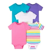 Little Star Organic Baby Girls 5pk Short Sleeve Pure Organic True Brights Bodysuits, Size Newborn-24 Months