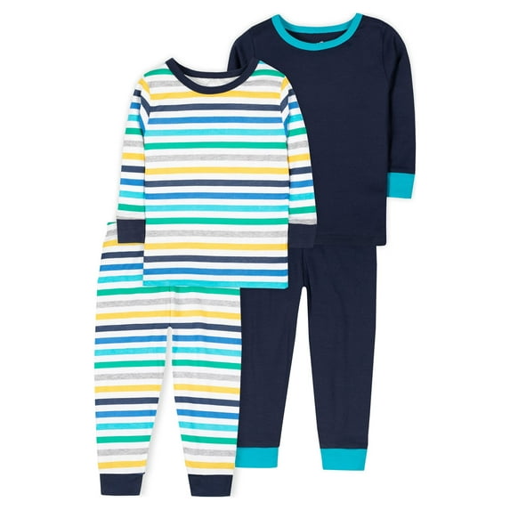 Little Star Organic Baby & Toddler Boy 4 Pc True Brights Long Sleeve Shirt & Pants Snug Fit Pajamas, Size 9 Months - 5T