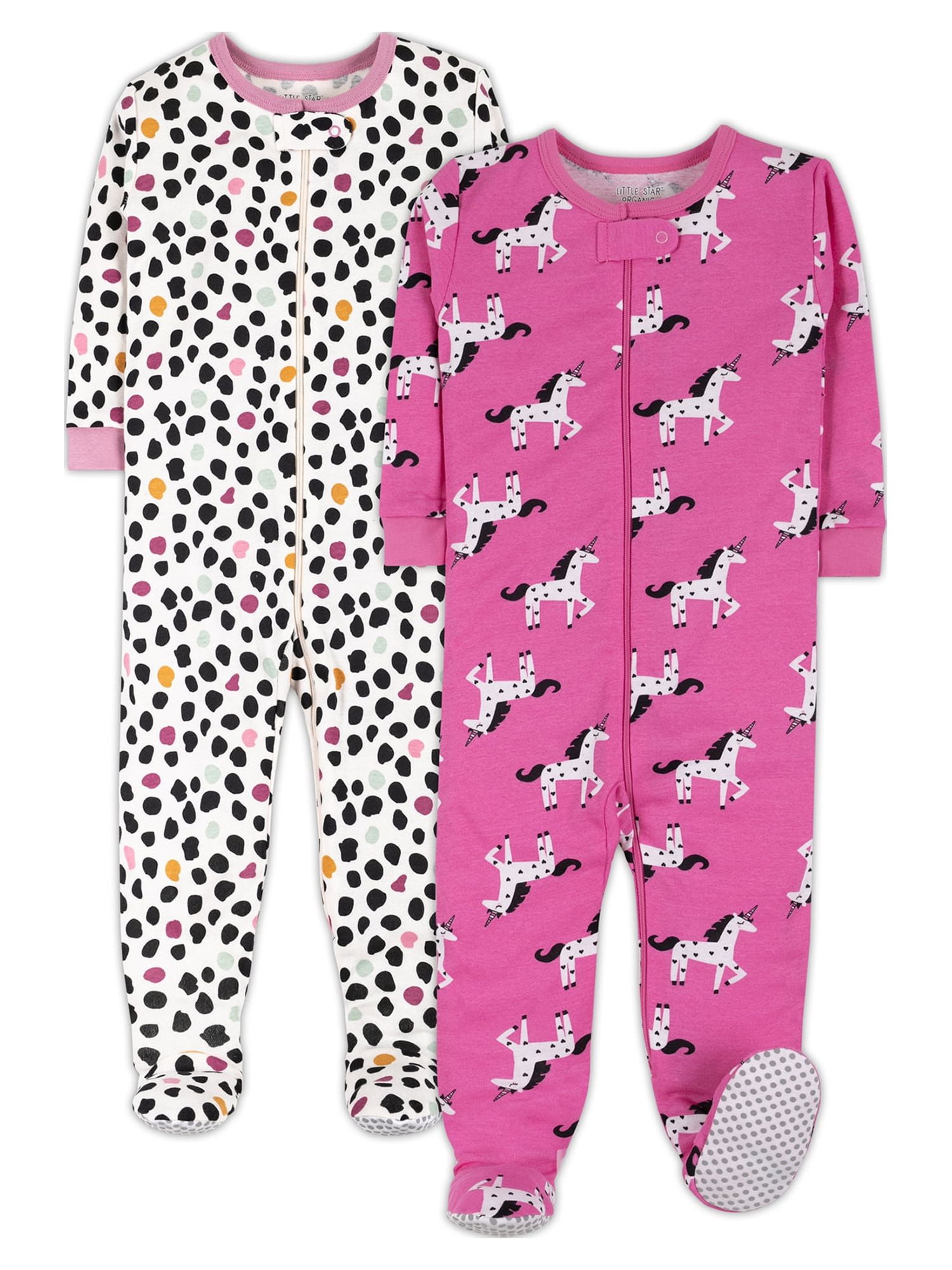 Little Star Organic Baby & Toddler Girl 2 Pk Footed Full Zip Snug Fit Pajamas, Size 9 Months - 5T