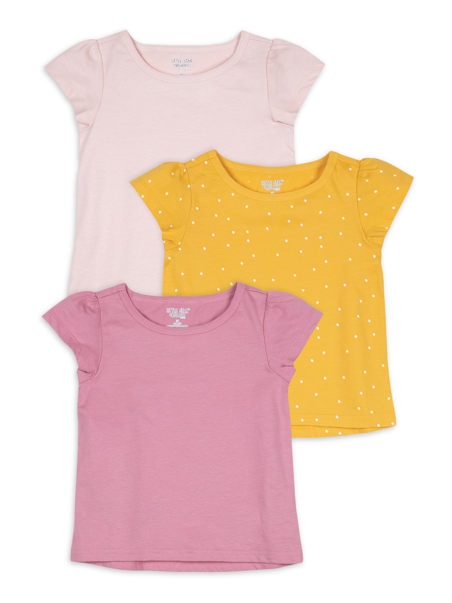 Little Star Organic Baby & Toddler Girl 3 Pk Short Sleeve Shirts, Size