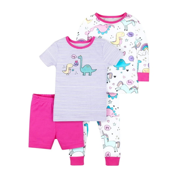 Little Star Organic Baby & Toddler Girl 4 Pc Short & Long Sleeve Shirts, Shorts & Pants Pajamas, Size 9 Months-5T