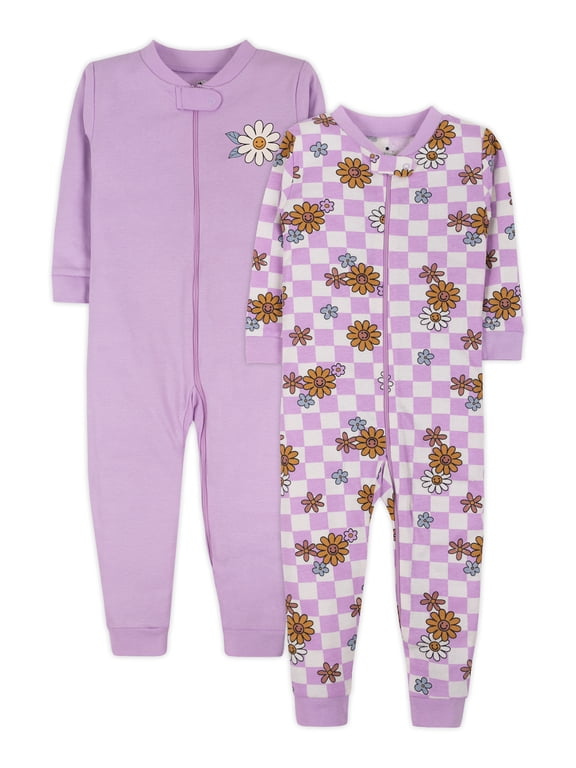 Little Star Organic Baby & Toddler Girls 2Pk Long Sleeve Footless Stretchies, Size 9 Months-5T