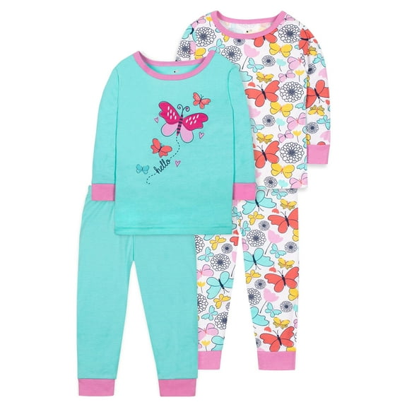 Little Star Organic Baby & Toddler Girls 4 Pc Long Sleeve Shirts & Pants Pajamas, Size 9 Months-5T