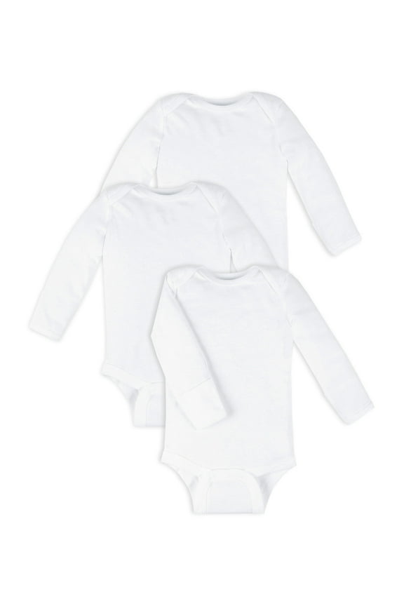 Little Star 100% Organic Cotton 3 Pack White Bodysuit Long Sleeve Mit Cuff