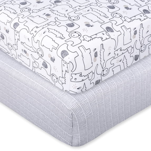 Little Star Organic Cotton Fitted Sheets, Crib, 2-Pieces, Gray, Zoo Crew