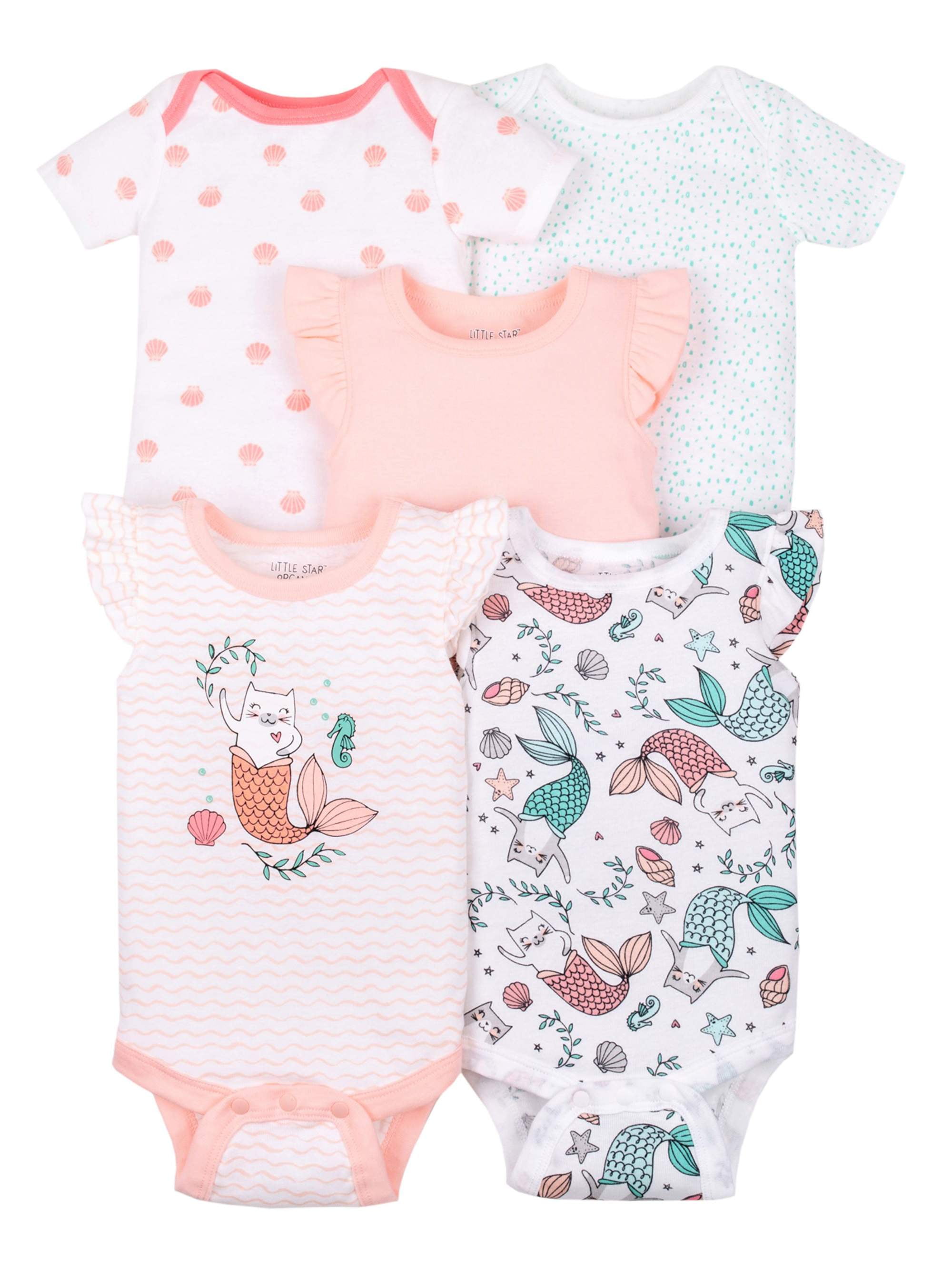 Little Star Organic Female Newborn-24 Months 100% Organic Cotton Baby Girl 5-Pack Bodysuits, Blush