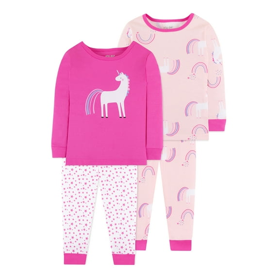 Little Star Organic Long Sleeve Snug Fit Pajamas, 4pc Set (Baby Girls & Toddler Girls)