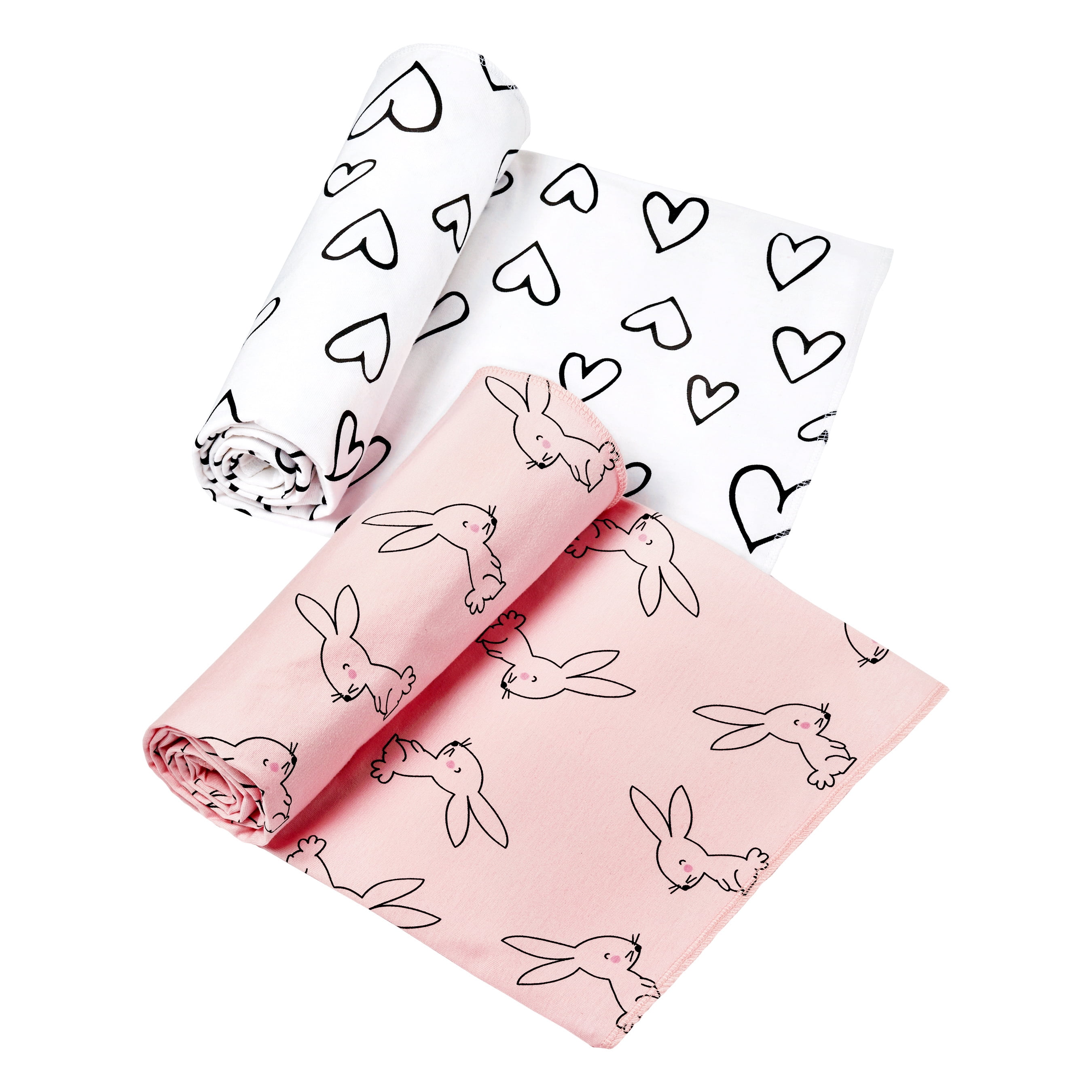 Little Star Organic Modern Female Pink Heart Bunny Cotton Baby Blankets, Reversible 2 Count