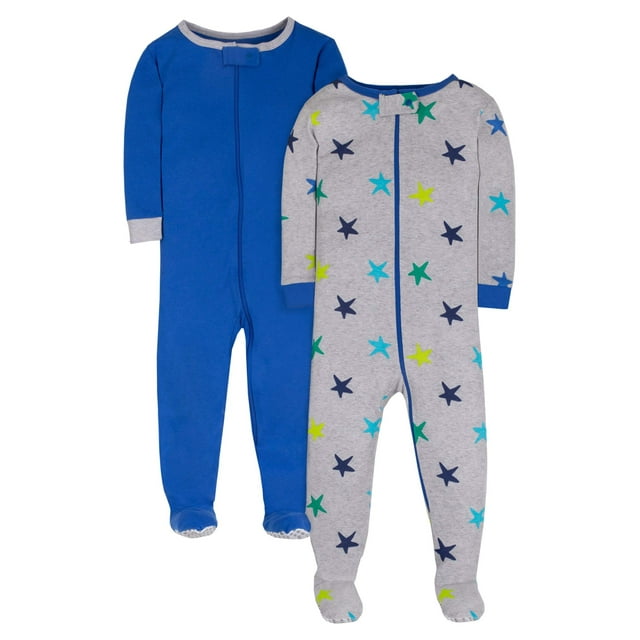 Little Star Organic Toddler Boy 2Pk Footed Stretchie Pajamas, Size NB-5T
