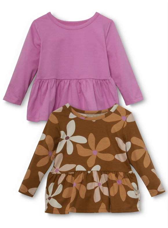 Little Star Organic Toddler Girls' Peplum Top with Long Sleeves, 2-Pack, Sizes 12M-5T