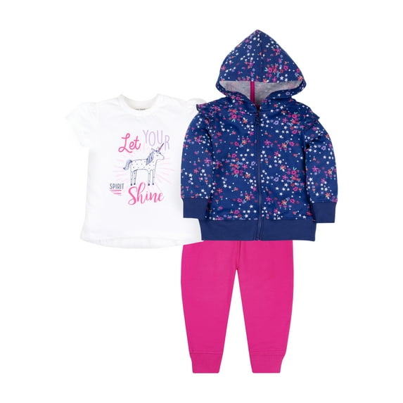 Little Star Super Combed Natural Cotton Baby Girls Short Sleeve Shirt, Hoodie & Pants Set, 3Pc