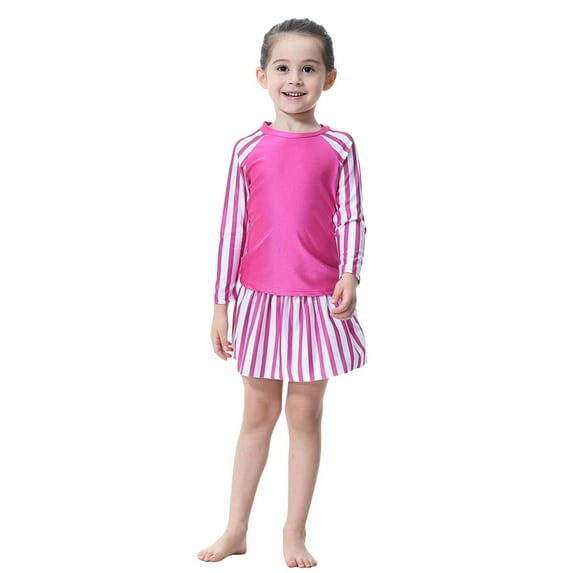 Little Swimsuit For Girls Full Coverage For Long Sleeve With Skirt Rash Guard Swim Bathing Suit Size 8-9T