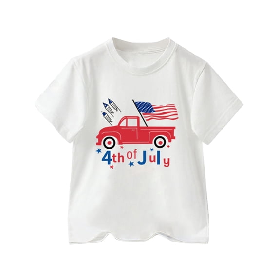 Little T-Shirt For Boys American Flag Trucks Print Short Sleeve Round Neck Basic Tees Size 5-6T