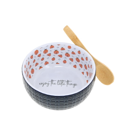 Pavilion Gift Company - Little Things - 11oz 4.5" Ladybug Bowl and Bamboo Spoon Set - Friend Family Appreciation Sentimental Housewarming Spring Kitchenware Serveware
