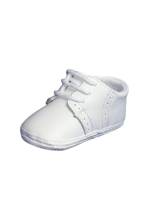 Baby Boys All White Genuine Leather Saddle Oxford Crib Shoe with Perforations