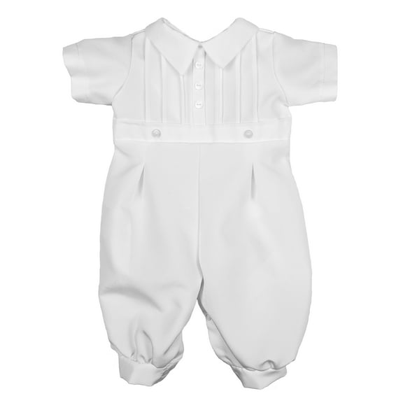 Little Things Mean A Lot Baby Boys White Short Sleeve Collared Romper Coverall with Pin-Tucking