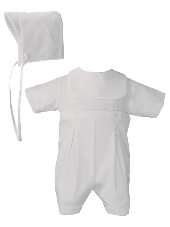 Boys Poly Cotton Romper with Screened Cross on Attached Bib