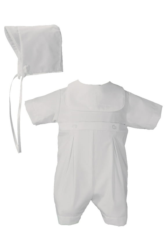 Boys Poly Cotton Romper with Screened Cross on Attached Bib