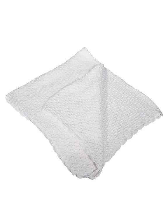Fancy Breathable Hand Crochet 100% Cotton Christening Shawl, Popcorn Pattern, Scalloped Edge, Pure White