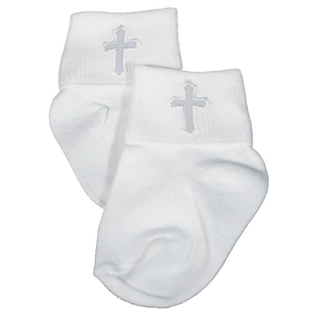 Little Things Mean a Lot White Cotton Anklet Sock with Embroidered Cross (Baby, Toddler, Little & Big Boys, Little & Big Girls)