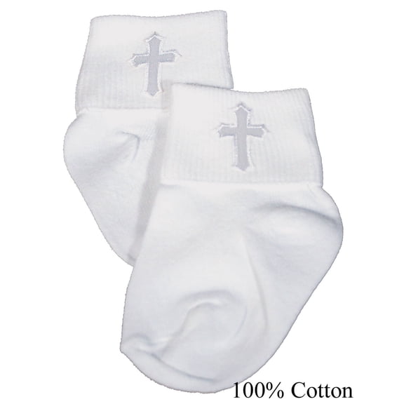 Little Things Mean a Lot White Cotton OR Nylon Anklet Sock with Embroidered Cross