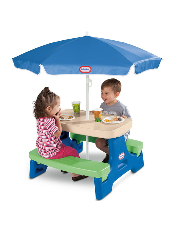 Little Tikes Easy Store Jr. Picnic Table with Umbrella, Blue & Green - Play Table with Umbrella, for Kids