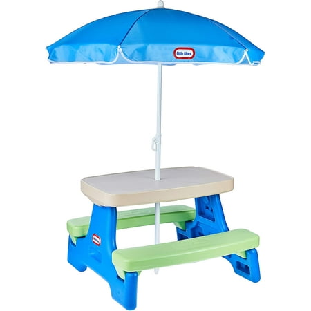 Little Tikes Easy Store Junior Picnic Table with Umbrella, Blue Green
