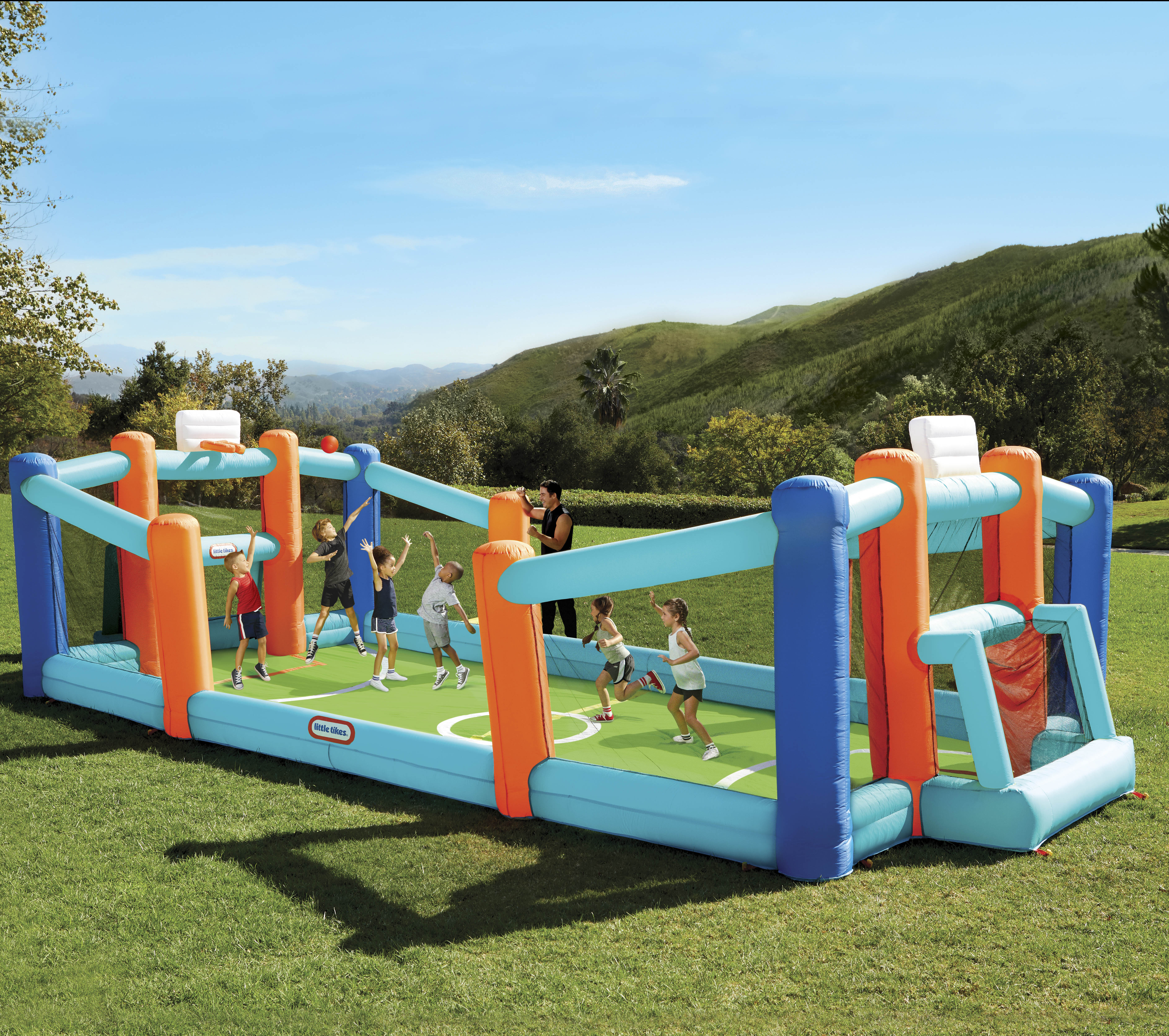 Little Tikes Huge 24' L x 12' W x 7' H Inflatable Sports Bouncer Backyard Soccer & Basketball Court and Blower, Fits up to 8 Kids, Outdoor Sports Toy Kids Boys Girls Ages 3-8 - image 1 of 5