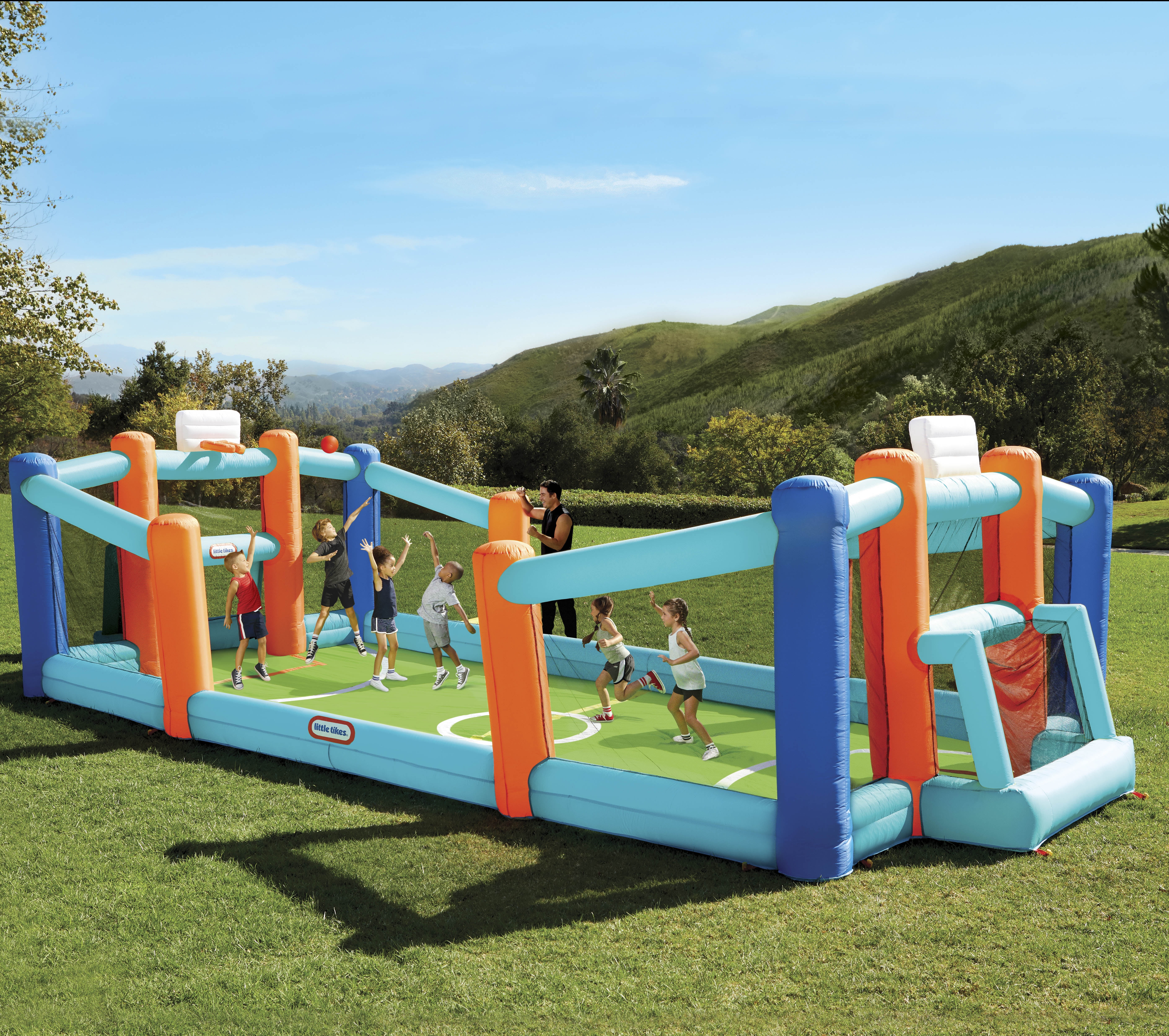 Little Tikes Huge 24' L x 12' W x 7' H Inflatable Sports Bouncer Backyard Soccer \u0026 Basketball Court \u0026 Blower, Up to 8 Kids, Outdoor Sports Toy Boys Girls Ages 3-8