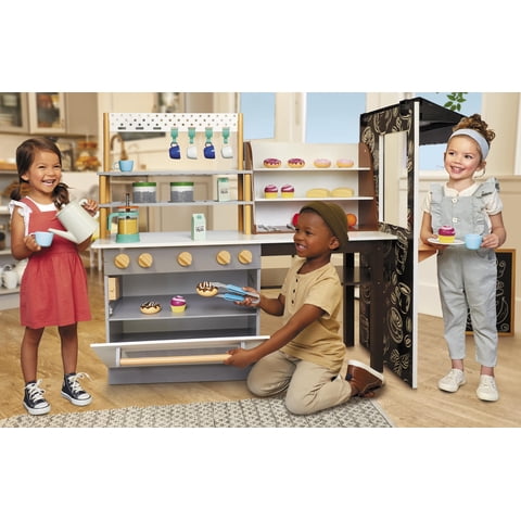 Little Tikes Real Wood Cafe & Bakery 20-Piece Wooden Pretend Play Kitchen Toys Playset, Realistic Lights & Sounds, Dual-Sided Play, Multi-Color, Kids Girls Boys Ages 3 4 5+
