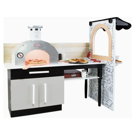 Little Tikes Real Wood Pizza Restaurant 20-Piece Wooden Pretend Play Kitchen Toys Playset, Realistic Lights & Sounds, Dual Sided Play, White and Gray- for Chidren 3+
