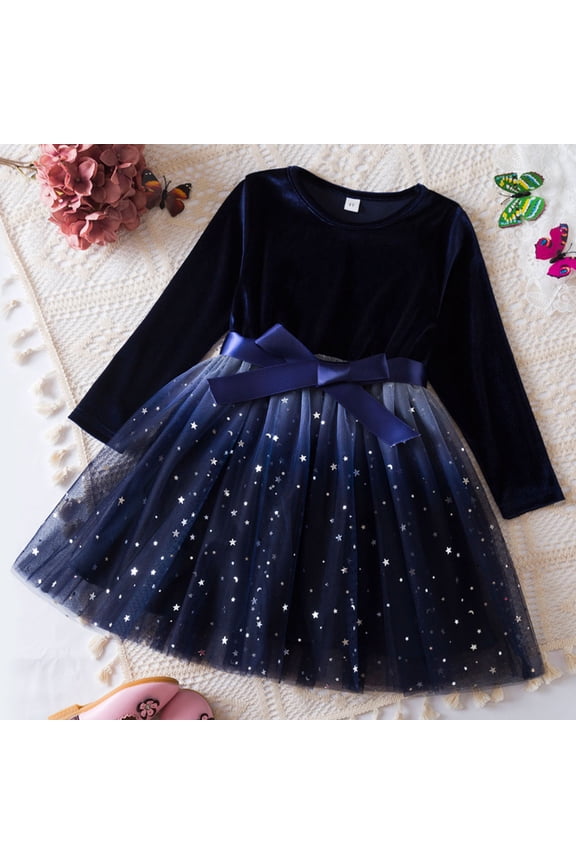 Little Toddler Dress with Bow Celestial All Over Print Formal Gown Refined Mesh Tulle for Party Dress Set