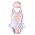 thumbnail image 1 of Little Toddler Girls Rash Guard One Piece Flamingo Swimsuit with Swim Cap, 1 of 5