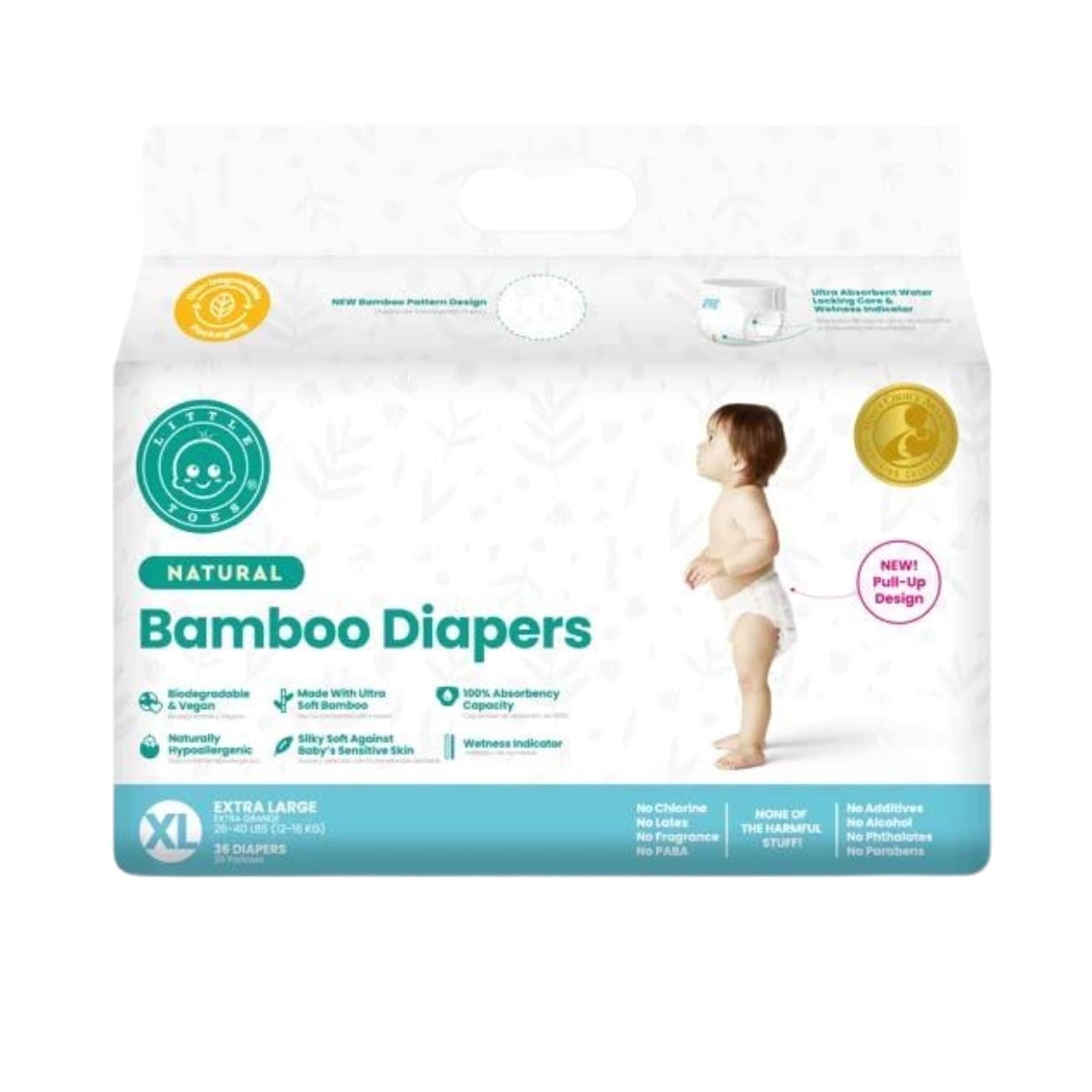 Little Toes Natural Disposable Hypoallergenic, Bamboo Viscose Pull-Ups,  36 Count, Size 5 XL