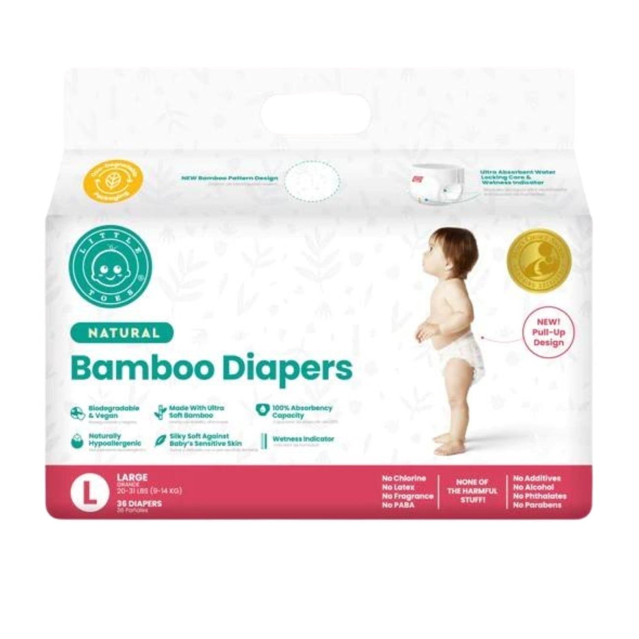 Little Toes Natural Disposable Hypoallergenic, Bamboo Viscose Pull-Ups, Size L, 36 Count