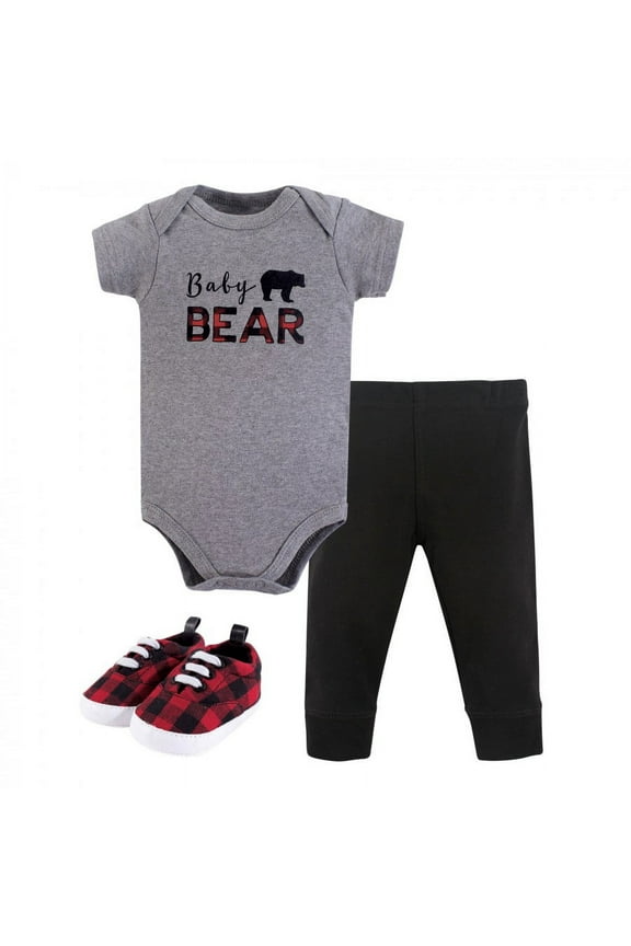 Baby Boy Cotton Bodysuit, Pant and Shoe 3pc Set, Baby Bear Short-Sleeve, 0-3 Months