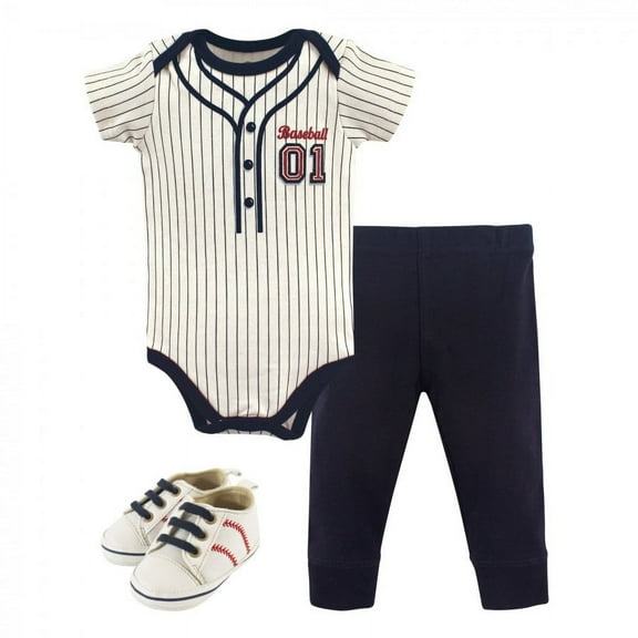 Little Treasure Baby Boy Cotton Bodysuit, Pant and Shoe 3pc Set, Baseball, 3-6 Months