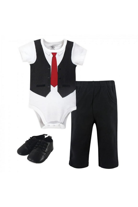 Baby Boy Cotton Bodysuit, Pant and Shoe 3pc Set, Black Red Vest, 12-18 Months