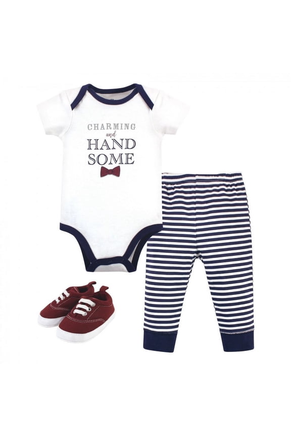 Baby Boy Cotton Bodysuit, Pant and Shoe 3pc Set, Charming Handsome, 0-3 Months