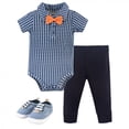 thumbnail image 1 of Little Treasure Baby Boy Cotton Bodysuit, Pant and Shoe 3pc Set, Checkered Collar, 0-3 Months, 1 of 4