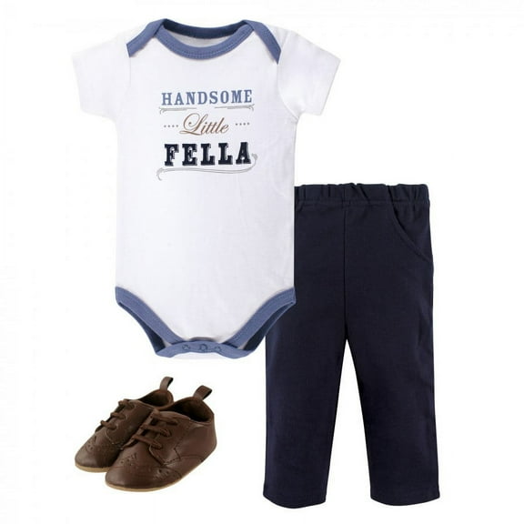 Little Treasure Baby Boy Cotton Bodysuit, Pant and Shoe 3pc Set, Handsome Fella Short-Sleeve, 0-3 Months
