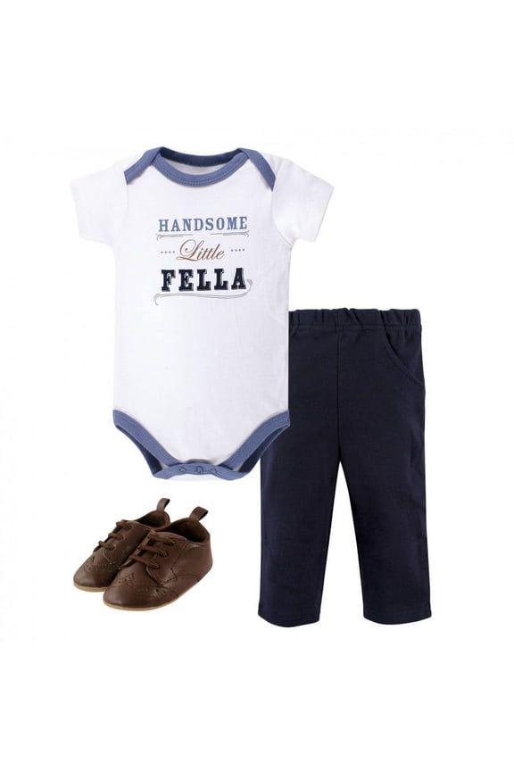 Baby Boy Cotton Bodysuit, Pant and Shoe 3pc Set, Handsome Fella Short-Sleeve, 9-12 Months
