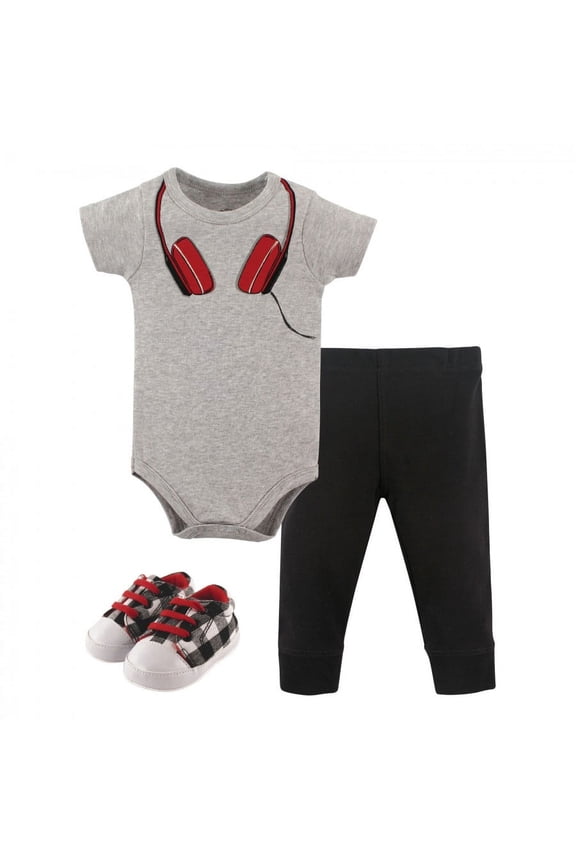 Baby Boy Cotton Bodysuit, Pant and Shoe 3pc Set, Headphones, 0-3 Months