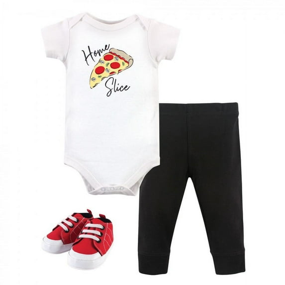 Little Treasure Baby Boy Cotton Bodysuit, Pant and Shoe 3pc Set, Home Slice, 3-6 Months