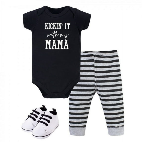 Little Treasure Baby Boy Cotton Bodysuit, Pant and Shoe 3pc Set, Kickin' It, 12-18 Months