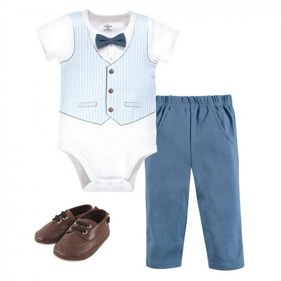 Little Treasure Baby Boy Cotton Bodysuit, Pant and Shoe 3pc Set, Light Blue Vest, 6-9 Months