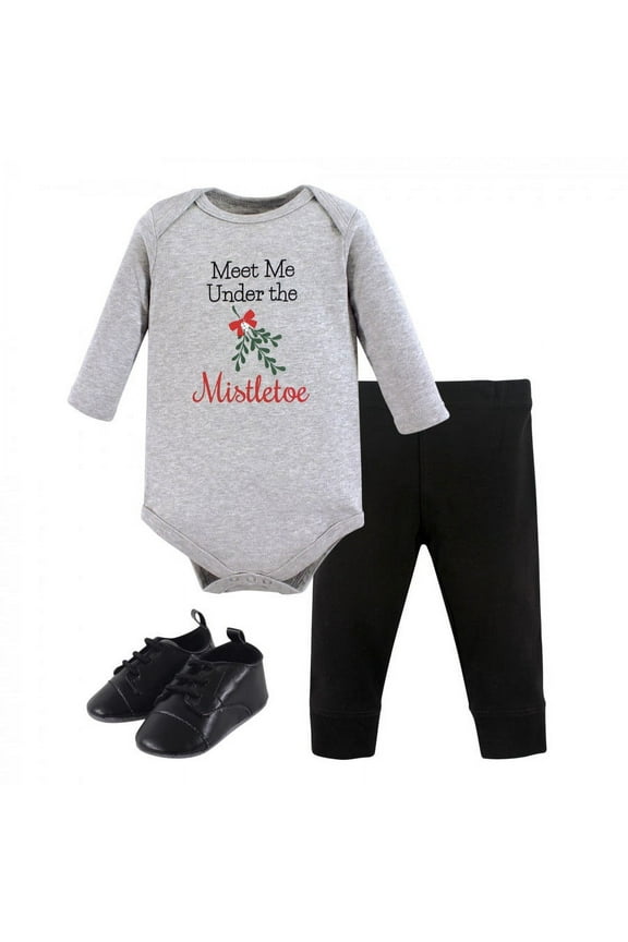 Baby Boy Cotton Bodysuit, Pant and Shoe 3pc Set, Mistletoe, 0-3 Months